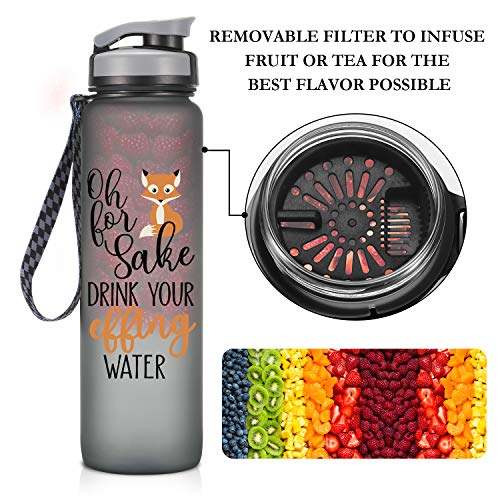 LEADO 32oz 1Liter Motivational Tracking Water Bottle with Time Marker - Oh for Fox Sake Drink Your Effing Water - Funny Birthday Gifts for Women, Wife, Mom, Daughter, Best Friend - Drink More Water