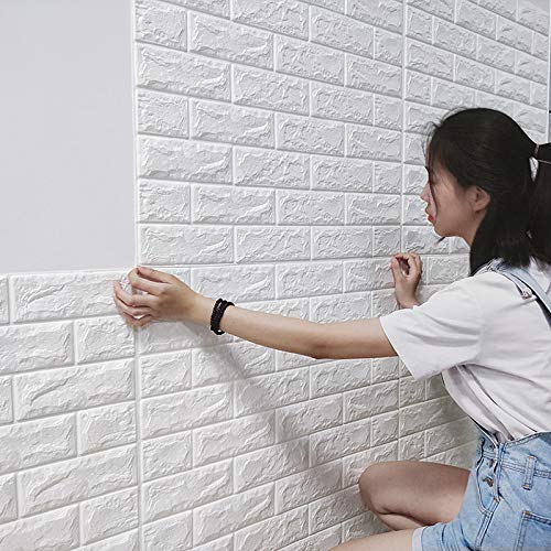 5-Pack 3D Wall Panels Wall Stickers, (30.3x27.6 inch) Waterproof XPE Foam 3D Brick Easy Self-Adhesive for Interior Wall Decoration Brick Design Soft Panels (White)