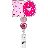 Cute XO Valentine's Day Badge Reel Pink Love Hearts and Doughnut Badge Holder Retractable Name Tag with Glossy Beads for Nurse Doctor Medical Student Work Accessories