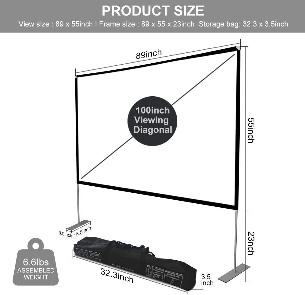 Projector Screen with Stand 100 inch Portable Projection Screen 16:9 4K HD Rear Front Projections Movies Screen with Carry Bag for Indoor Outdoor Home Theater Backyard Cinema Trave: Electronics
