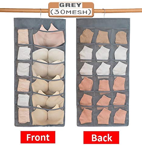 Closet Hanging Organizer with Mesh Pockets & Rotating Metal Hanger,Dual Sided Wall Shelf Wardrobe Storage Bags,Oxford Cloth Space Saver Bag for Bra Underwear Underpants Socks (Gray, 30 Pocket)