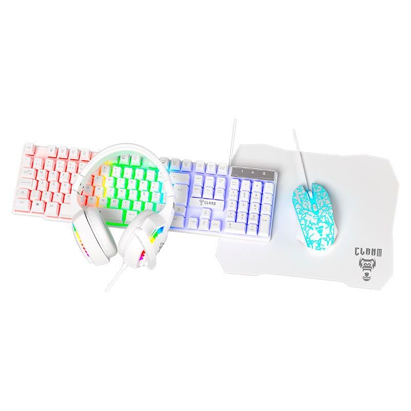 Combo GAMER 4 em 1 MTS, Nightmare Snow • Mouse 4D - 3600 Dpi • Teclado RGB LED Rainbow Anti-Ghosting • Fone e Microfone Headset 45mW Stereo • Mousepad 290x250 • Quality Premium • Setup Gamer Branco
