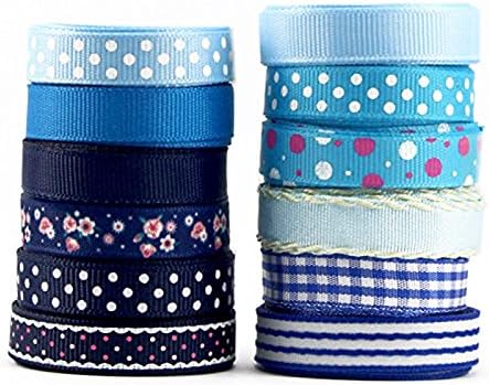 60y(12X5y) 10mm(3/8'') blue mixed styles dot flower Printed Grosgrain Ribbon