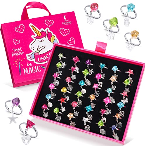 Lorfancy 36 Pcs Kids Rings for Girls Toddler Gem Crystal Ring