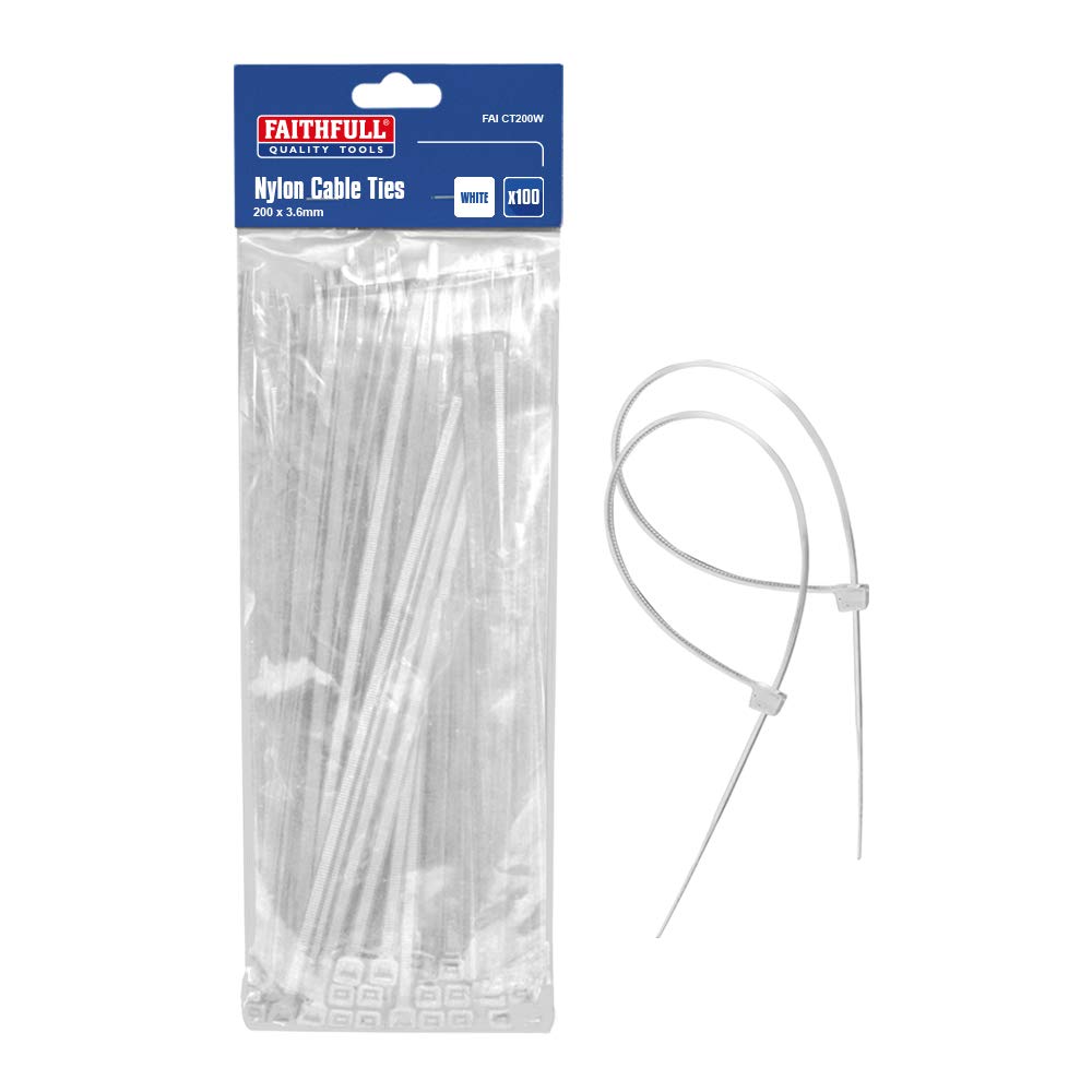 Faithfull Cable Ties White 200mm x 3.6mm Pack of 100