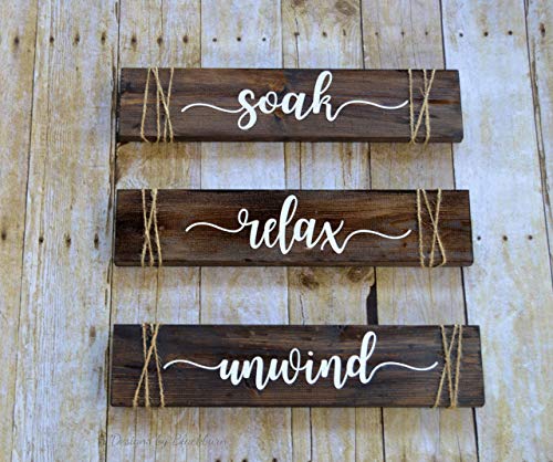 Soak Relax Unwind Signs, Bathroom Decor, Rustic Farmhouse Bathroom Wall Decor, Set of 3 Wood Signs
