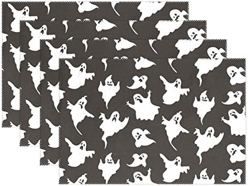 ALIREA Halloween Ghost Pattern Placemats, Heat-resistant Placemats Stain Resistant Anti-skid Washable Polyester Table Mats Non Slip Easy Clean Placemats, 12"x18", Set of 6
