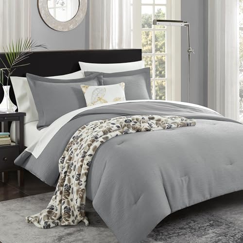 MaiRêve King Comforter Set Grey, Textured Design Minimalist Lightweight Comforter, All Season Comfortable Bedding Sets 8 Pieces with Comforters, Sheets, Pillowcases & Shams (King, 102"x90")
