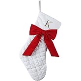 Personalized White Christmas Stockings with Initials, 20 Inch Large Xmas Stocking with Gold Embroidered and Red Bow, Hanging Stocking Decorations for Christmas Tree Fireplace Holiday Party (K)