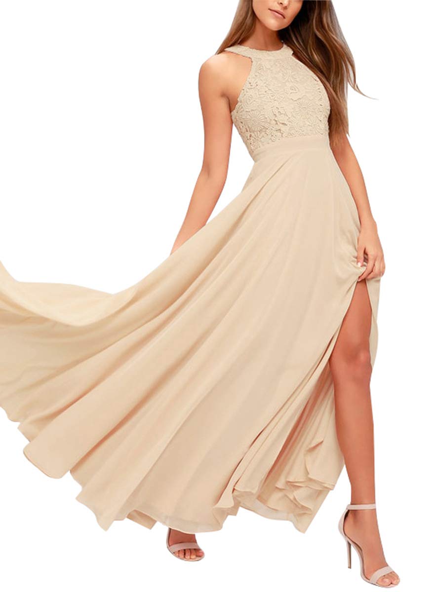 Long Lace Bridesmaid Dresses Halter Chiffon Prom Dress Split A Line