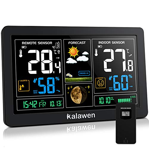 Kalawen Wetterstation mit Außensensor Innen und Außen 9-IN-1 Wireless Digital Wecker Barometer Weather Station Temperatur-Feuchtigkeits-Monitor Wetter