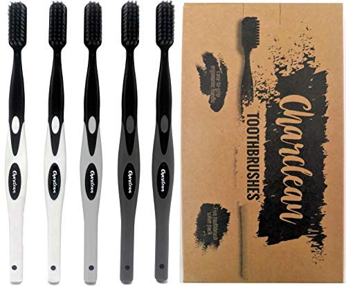 5 Pack Activated Charcoal Infused Toothbrush Ultra Soft Bristles - Naturally Whitening - Ergonomic Soft Touch Handle