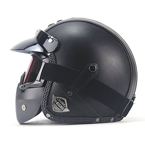 AUTOPDR Open Face Vintage Motorcycle Helmet PU Leather Harley 3/4 Motorcycle Chopper Bike for Helmet Goggle Mask L(59-60cm)
