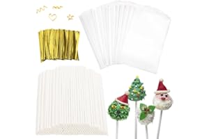 600 Pieces Cake Pop Sticks and Wrappers Kit, Including 6 Inch Paper Lollipop Sticks，4 x 6 Inches Clear Cake Pop Bags and Gold
