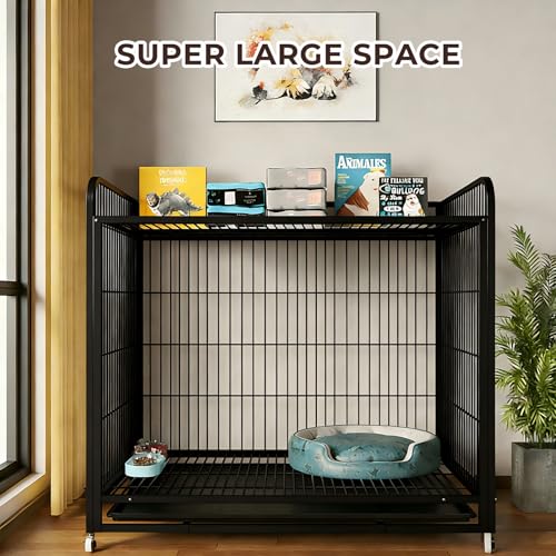 Beauenty Dog Cage, Heavy Duty 95cm Dog Crate, Dog Kennel for Small/Medium/Large Dogs, with Removable Tray, Double Doors with Locks Design with 4 Wheels and Reinforced Baseplate (Black)