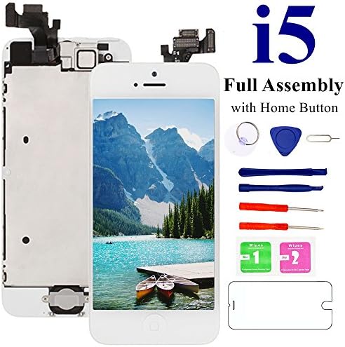 Nroech Screen Replacement for iPhone 5(White), Full Assembly with Front Camera, Ear Speaker and Light/Proximity sensor Pre-assembled,Tools &amp; Tempered Glass Screen Protector Included.