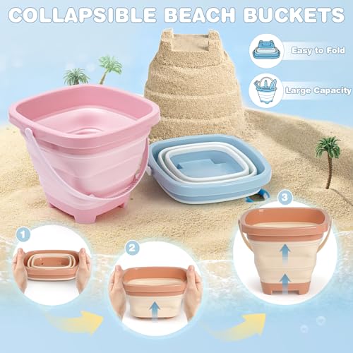 Dreamon Beach Sand Toys 3 Set Collapsible Bucket and Spade Beach Set Kids with Sand Sifters Beach Shovel Rakes Seashell Bag Outdoor Toys for Children Toddlers 3 4 5 Years Old