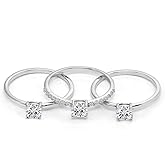 Hoops & Loops Sterling Silver Cubic Zirconia Round Solitaire Stackable Band Rings, Set of 3