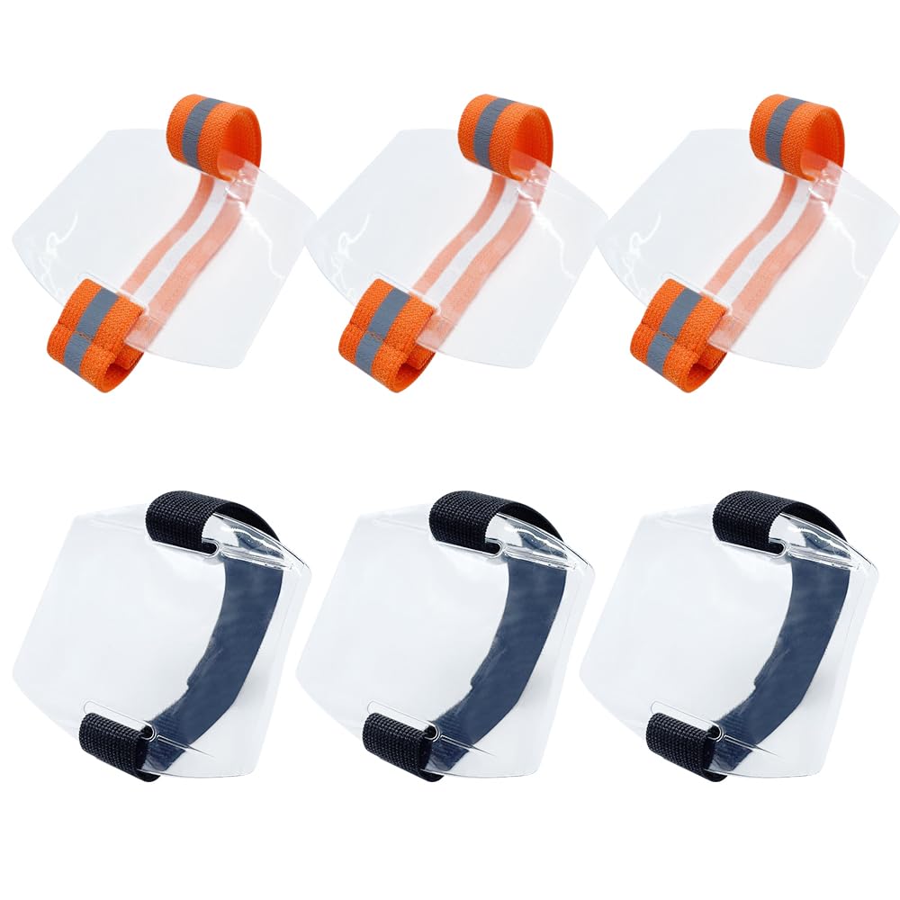 ONEBO 6 Pcs ID Card Armband Holder,Doorman Staff Armband,Reflective Adjustable Elastic Armband ID Fixing Clip,for Emergency Workers Security Staff Doorman(3 orange + 3 black, 2 sizes)