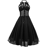 GOLDSTITCH Women's Sleeveless Gothic Lace Dress with Corset Halter Lace Swing Cocktail Dress