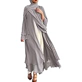 IWEMEK Women Chiffon Muslim Dress Middle East Arabian Robe Islamic Open Front Abaya Long Sleeve Flowy Maxi Cardigan Dress