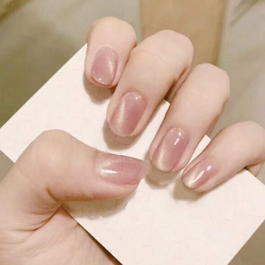 Favelo Full Cover Acrylic Fake Nail Glossy Cat Eye False Nails Tips Short Press on Nails Art Decoration for Women and Girls(24pcs)