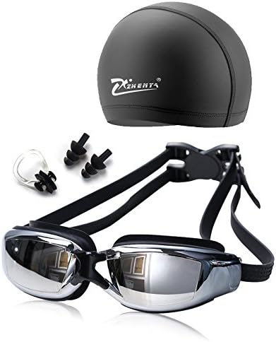 5 PCS Swimming Gear Set- Electroplating Mirror Swimming Goggles, Ear Plugs, Nose Clip, Swim Cap, Protection Case-Anti-Fog UV Protection Wide View Swimming Goggles