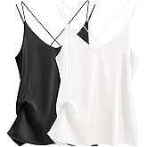 Ekouaer Womens 2-Pack Silk Satin Camisole Tank Top V Neck Sexy Cross Back Spaghetti Strap Cami Sleeveless Lounge Tops S-XXL