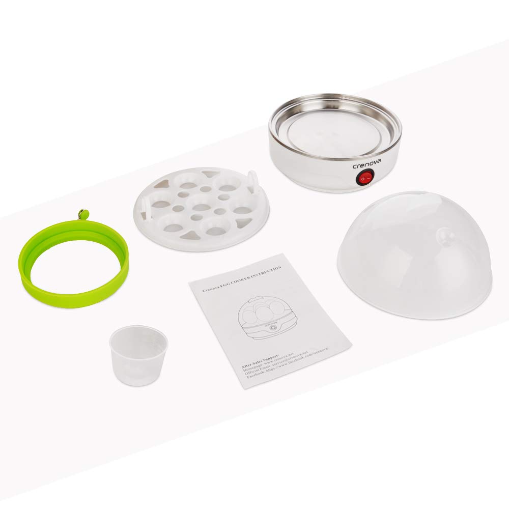 Crenova Egg Cooker Auto Shut Off 7 Egg Capacity Cooker for Hard, Medium, Soft Boiled and Poached Egg Recipes with Silicone Egg Ring & Measuring Cup