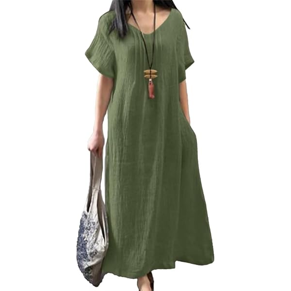 Amazon.com: LOAIHA Cotton Gauze Dresses for Women Summer Short Sleeve Linen  Maxi Dress Plus Size V Neck Loose Fit Long Dress Flowy Elegant Retro Lounge  Dress,Army Green,S : Clothing, Shoes & Jewelry