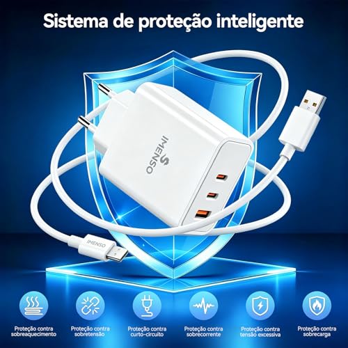Carregador Universal 65W, 2 Saídas USB-C + USB-A, Carregador Rápido com Cabo, PPS 3.0, Voçagador para Notebook, Celular, Tablet, iPhone, Samsung, Xiaomi, Motorola – 100-240V, IMS-268PC