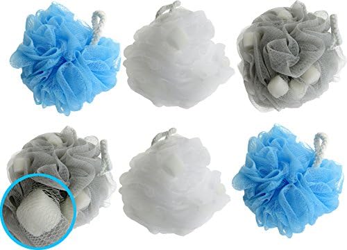 Styla Hair Loofah Bath Sponge (6 Pack / 70 Grams Each) Exfoliating Shower Pouf with Mini Absorbent Sponges (Extra Large)