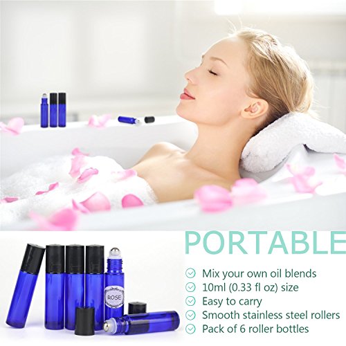 6,10ml Roller Bottles for Essential Oils - Cobalt Blue, Glass with Stainless Steel Roller Balls by Mavogel (3 Extra Roller Balls, 24 Pieces Labels, Opener, Funnel, Dropper, Brush Included)