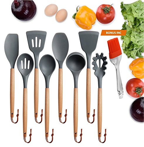 9-Piece Silicone Kitchen Utensils BONUS Silicone Pastry Brush Kitchen -Heat Resistant Cooking Utensil Set with Natural Hard Wood Handle, Non-Stick, BPA Free (Dark Gray) - Thumbnail 6