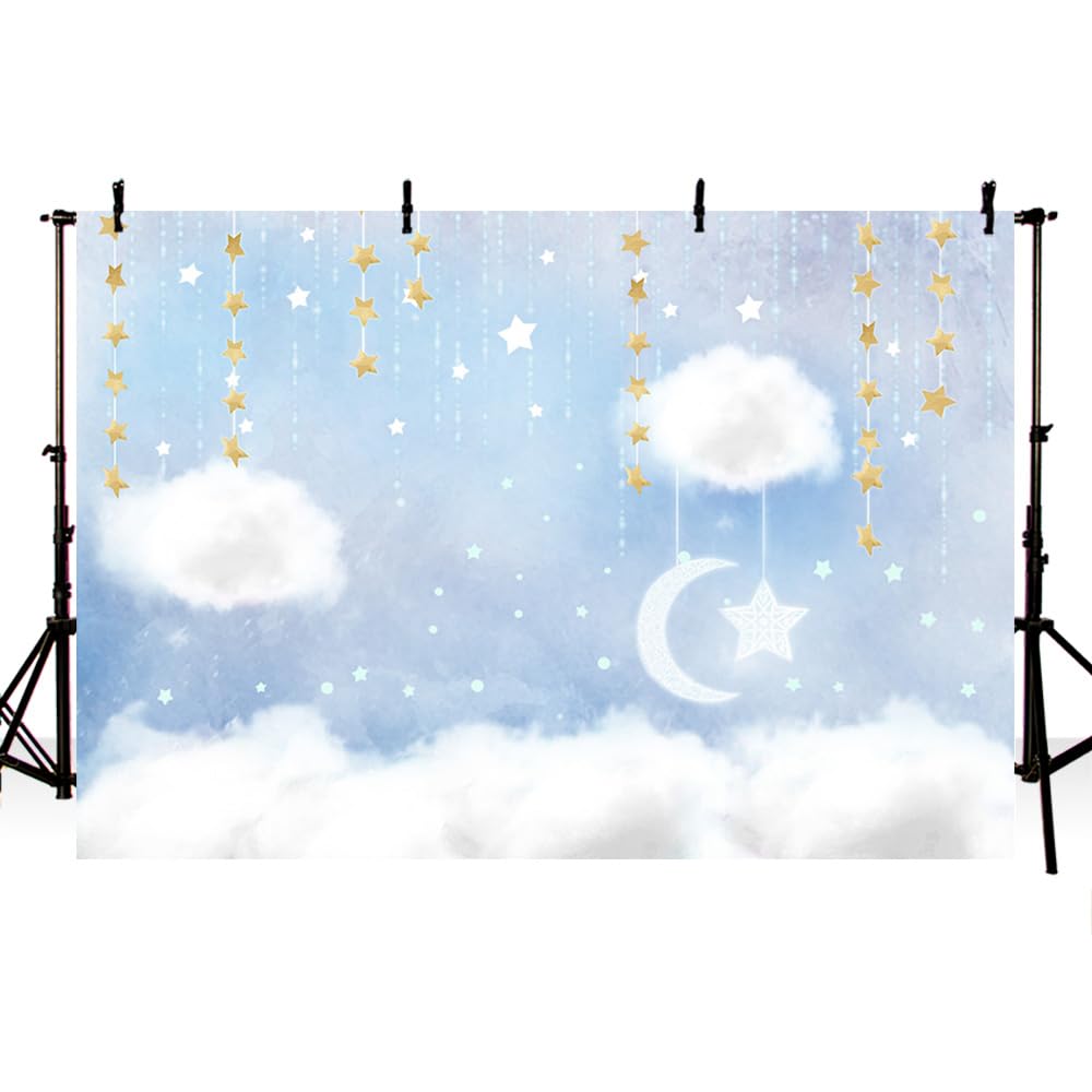 MEHOFOTO 8x6ft Blue and White Cloud Photo Studio Backdrop Props Prince Birthday Boy Baby Shower Party Decorations Hanging Gold Stars Twinkle Twinkle Little Stars Photography Background Banner