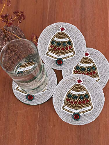 Christmas Bell Beaded Coaster 4 Inch - Tea Coaster, Coffee Coaster, Dinning Table Accessories, Decorative Home Decor, Wedding Decoration, Dining & Serving Party Decor Gift Art- Set of 6 - Silver Red