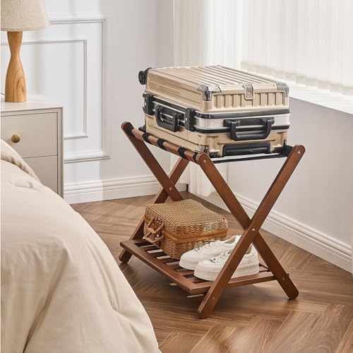 Folding Luggage Rack, Bamboo Suitcase Stand for Guest Room, Luggage Holder with Shoe Storage Shelf for Bedroom, Guest Room, Hotel, 68*45*55CM Brown