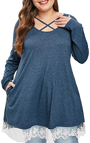 Oliviavan Women's Plus Size Blouse Criss Cross Contrast Tee with Lace Sweatshirt Tunic Tops