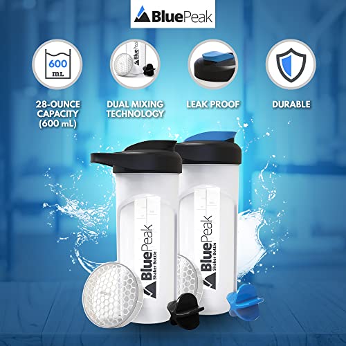 BluePeak Protein Shaker Bottle 28 oz with Dual Mixing Technology