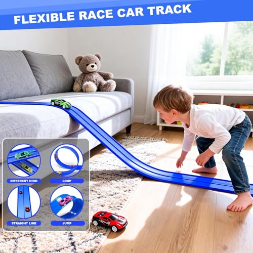 Last Page® Flexible Race Track for Kids 3+Year Old, 15ft Flex Car Tracks for Toddlers with 2 Pull-Back Cars & 2 Alloy Cars, Portable Roll Up Racing Car Tracks, Birthday for Boys Girls