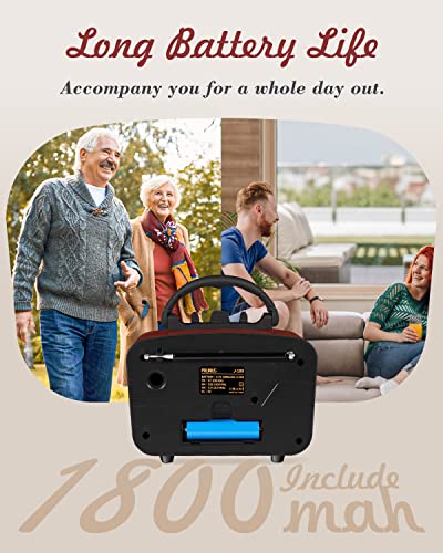 PRUNUS J-180 Portable Radio Vintage FM/AM(MW)/SW, Portable Bluetooth Radio, with Mobile Phone Holder, 1800 mAh Rechargeable Battery, Supports TF Card/AUX/USB