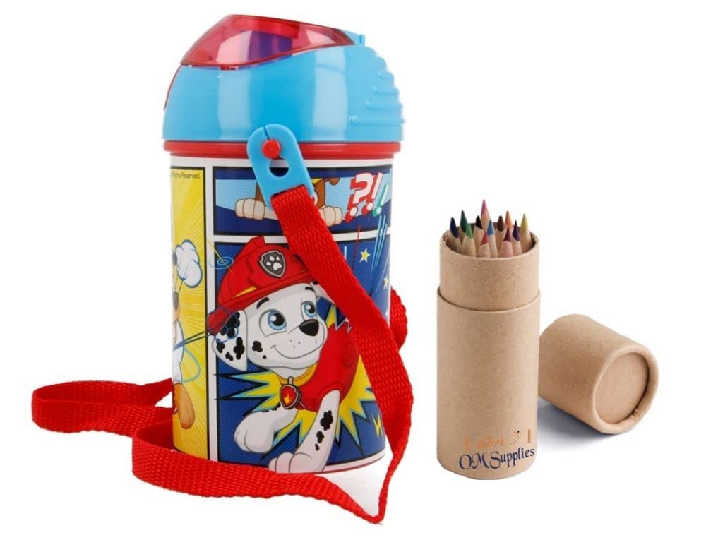 OM SUPPLIES Patrol Pop Up Water Bottle Drink Bottle Flask with Neck Cord for Easy Carry School Lunch Kids Childrens 450ml Includes Half Size 12pcs Pencil Set (Patrol Comic)