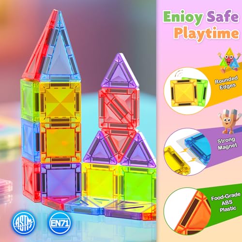 Magnetic Blocks Construction Children in Metal Box – 56 Pieces Magnetic Children – Magnetic Blocks Travel Toy to Build Castles – Magnetic Tiles Montessori Travel Toys 3+ Years