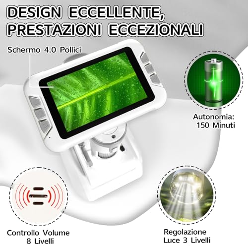 Charmofun Children's Microscope, Digital Microscope with 64GB Memory Card, Portable Microscopios for Children with 4 Inch LCD Screen, 1600X Magnification, Photo and Video, Portable and Fixed Function