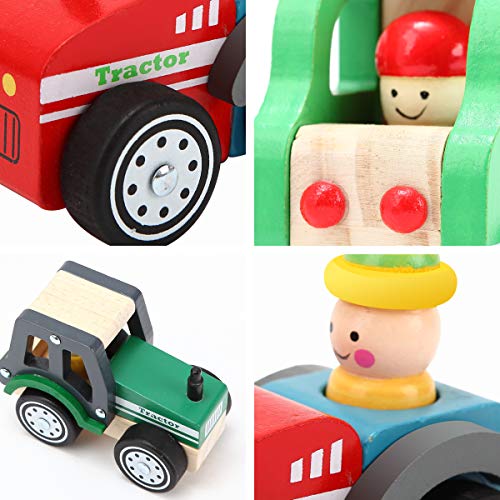 Wooden Roll Cars for Toddlers 2 3 Years Old, KIDS Toyland Push and Pull Car Toys for Kids, 3PCS Baby Toys Cars Set - Tractor, Truck and Cars, Educational Learning Vehicle Toys for Girls and Boys - Thumbnail 3