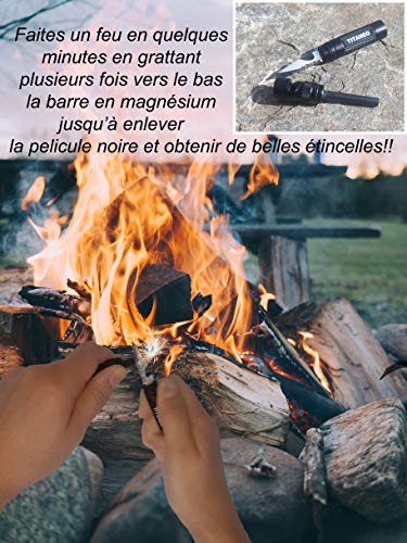 Titaneo Kit De Survie Tactique 8 En 1 : Pierre A Feu +kit De Peche +boussole +paracorde +sifflet De Signalisation +décapsuleur +brise Vitre + Pour Camping/randonnée/alpinisme/foret/survivalisme