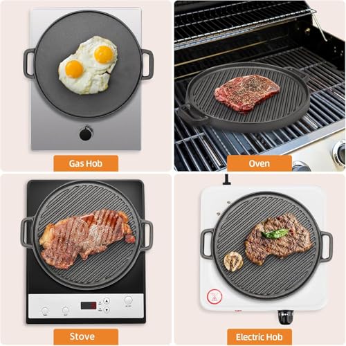Double-Sided Cast Iron Griddle Pan, Non-Stick Pre-Seasoned Cast Iron Skillet BBQ Grill Plate, 30cm Non-Stick Griddle Pan with Handles for Gas Electric and Oven Safe, Round