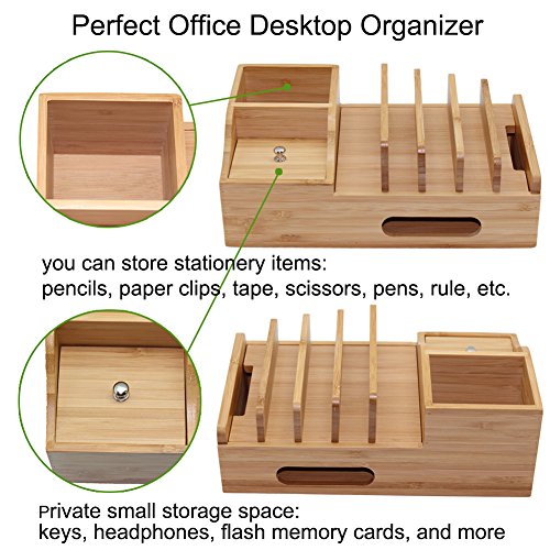 Bamboo Charging Station for Multiple Devices, Multi Use Wood Docking Station with Storage Box, Desktop Holder Organizer Compatible Devices, Phones, Tablets and Stationery (Hub, Cables Not Included) - Thumbnail 2