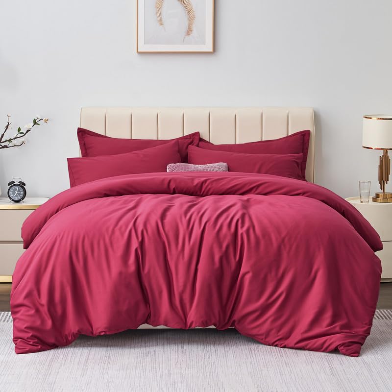 Aisbo Double Duvet Covers Set Red - 3Pcs Bedding Set Double Bed Soft Brushed Microfiber Quilt Cover with 2 Pillowcases