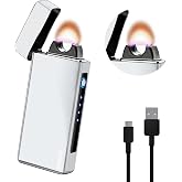 SKRFIRE Rechargeable Arc Lighter, Windproof Electric Plasma Lighter USB with LED Battery Indicator, Portable Pocket for Camping BBQ Candle Home (Iustrous Silver)